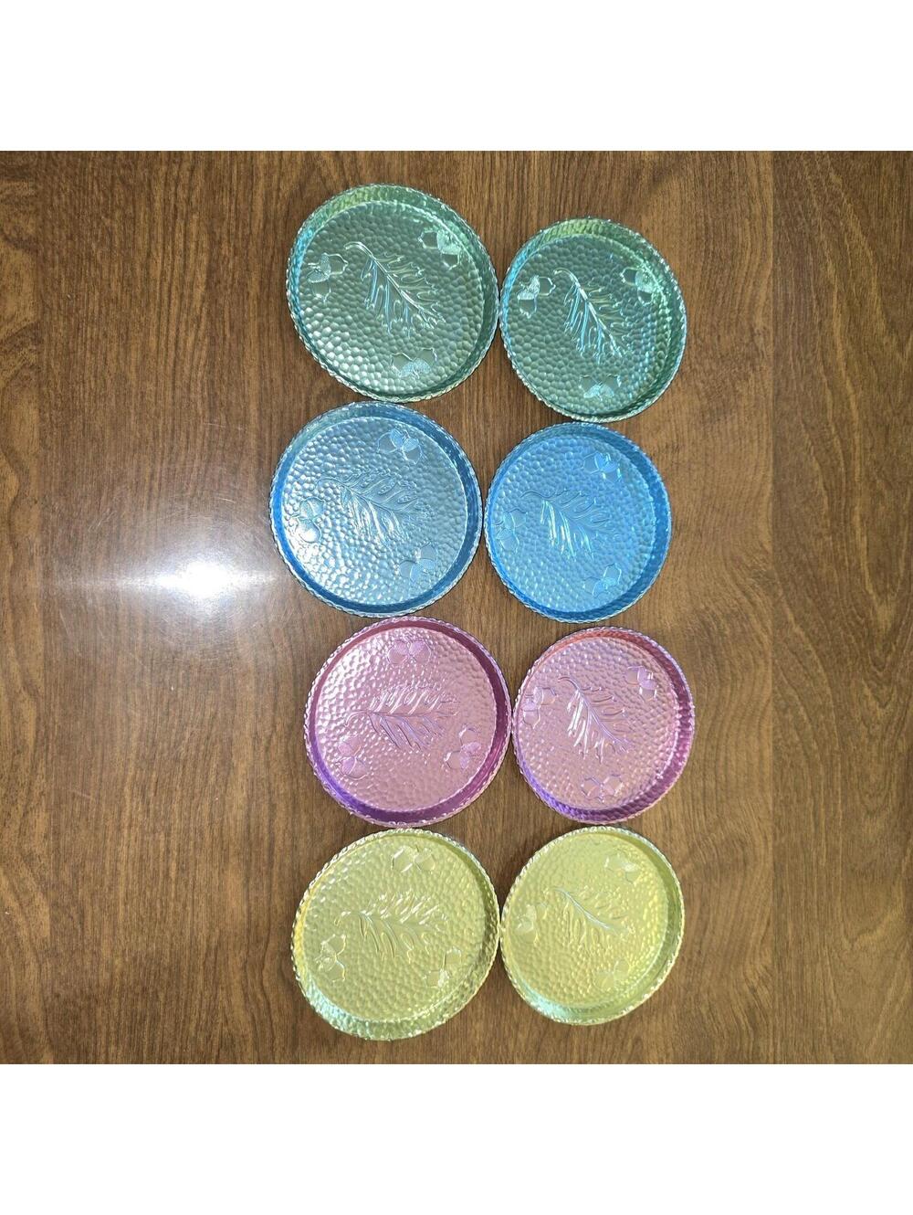 Vtg West Bend Color Glo Hammered Aluminum Coasters Acorn Oak Leaf MCM Set of 8
